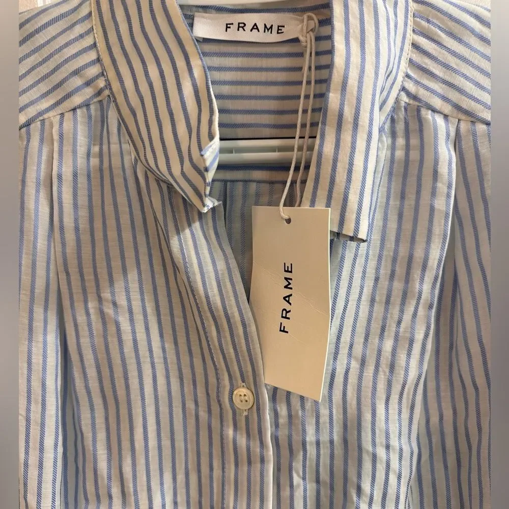 Frame NWT Pleated Clean Collared Chambray Striped Shirt Size S/M - Picture 6 of 8